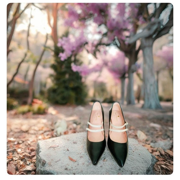 🎉HP🥳 Kate Spade Elpetha Heels in Black w/ Black Sparkle Heel & Cream Dbl Strap - Picture 14 of 16